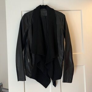 Blank NYC Black Leather Jacket with Ribbed Sweater Waterfall Front